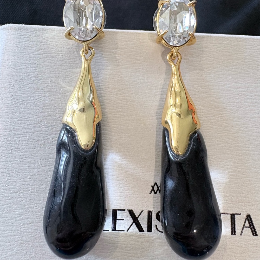 Alexis Bittar Black and Liquid Gold Lucite Crystal Drop Earrings LIKE NEW - Picture 3 of 3